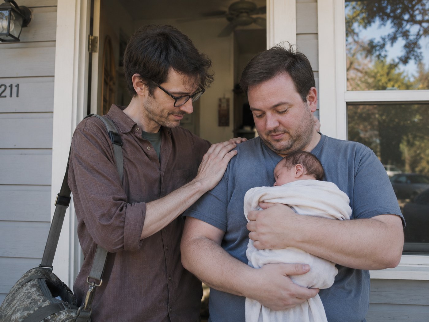 Two dads at the door of their home holding their newborn baby